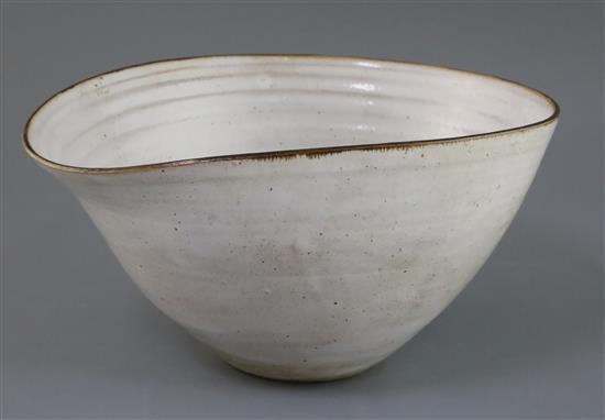 A large Dame Lucie Rie (1902-95) and Hans Coper (1920-1981) stoneware bowl, c.1955, L. 31.2cm, H. 16.5cm, hairline rim crack